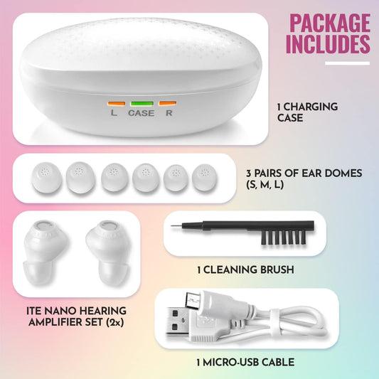 Mini Digital Hearing Aids for Seniors - ITE Rechargeable Personal Sound Hearing Amplifier - Lightweight Hearing Aids w/ Noise Cancelling, In-Ear Detection & Volume Control Dial for Adults Seniors, White