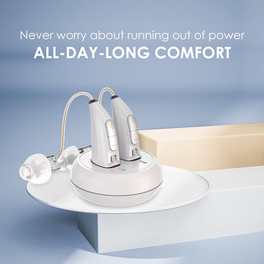 Rechargeable Hearing Aids for Seniors - (Pair) Digital Binaural Behind-the-Ear Personal Sound Amplification Aid Device, Long Lasting Battery, Comfortable All-Day BTE Design, Noise Cancellation, White