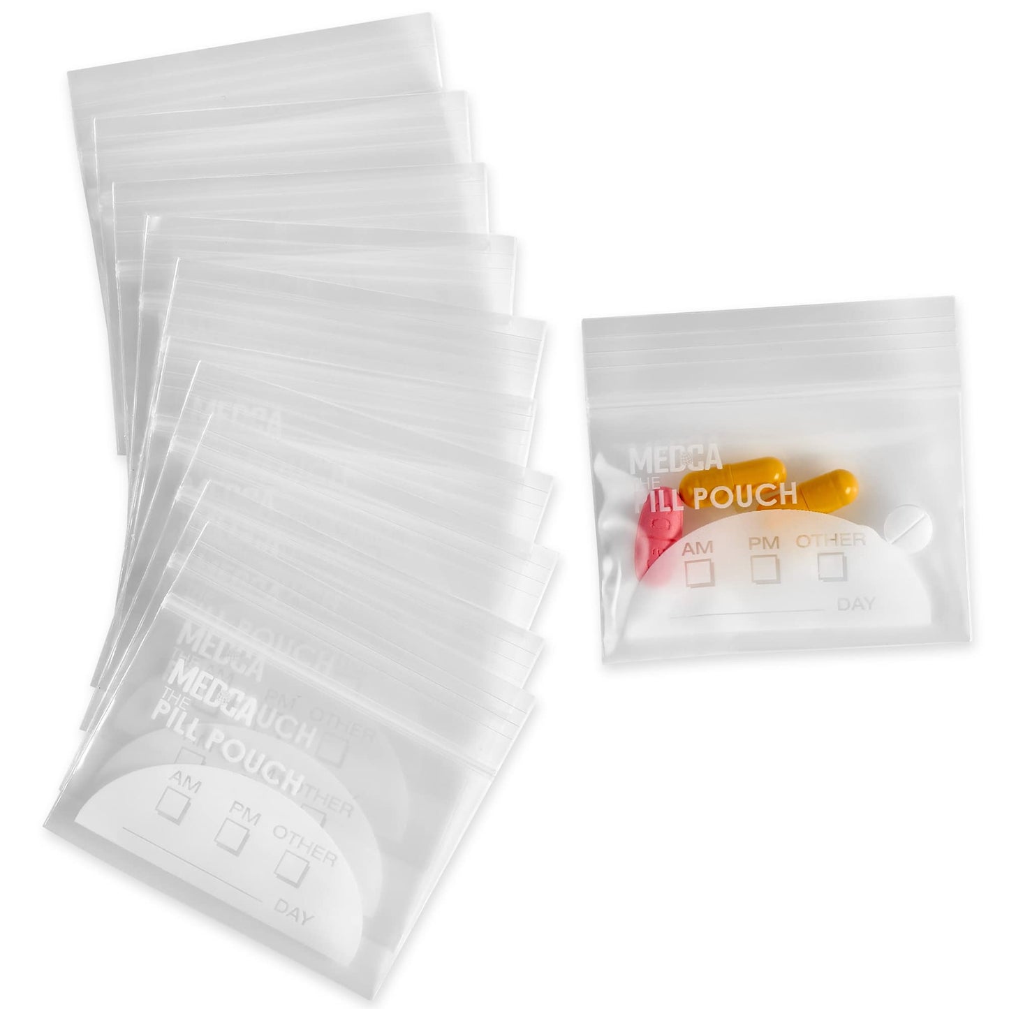 Extra-Thick Pill Pouch Bags - (Pack of 100) 3" x 2" 8 Mil - BPA Free, Poly Bag Disposable Zipper Pills Baggies, Daily AM PM Travel Medicine Organizer Storage Pouches, Clear Reusable w/ Write-on Labels