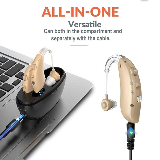 Rechargeable Hearing Aids for Seniors - BTE Digital Hearing Amplifiers w/ Intelligent Noise Cancelling, Four Modes, Behind Ear Hearing Aid PSAP Pair w/ Volume Control and Charging Case, Beige