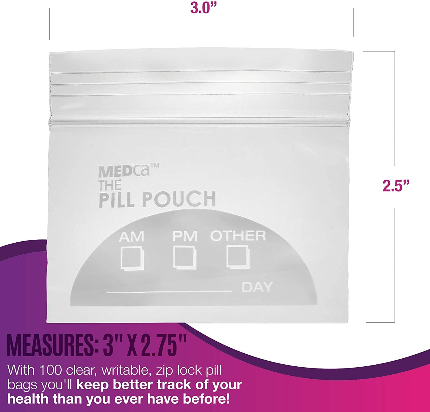 Pill Pouch Bags - (Pack of 250) 3" x 2.75" - BPA FREE, Poly Bag Disposable Zipper Pills Baggies, Daily AM PM Travel Medicine Organizer Storage Pouches, Best Clear Reusable with Write-on Labels