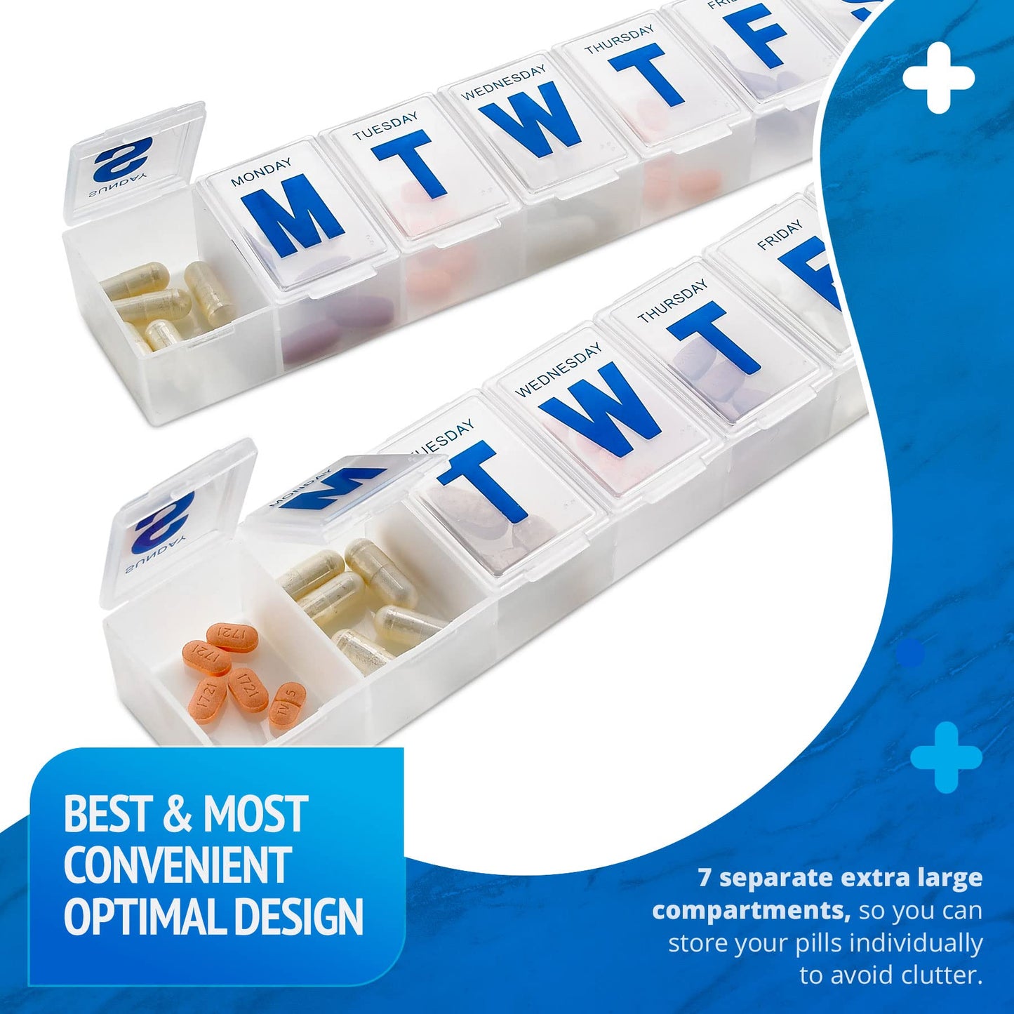 Weekly Pill Organizer - 7-Day Pill Planner Extra Large Pill Planner and Daily Pill Organizer and Medicine Reminder, Monday to Sunday Compartments - BPA Free - Travel Pill Box Case (Pack of 4)