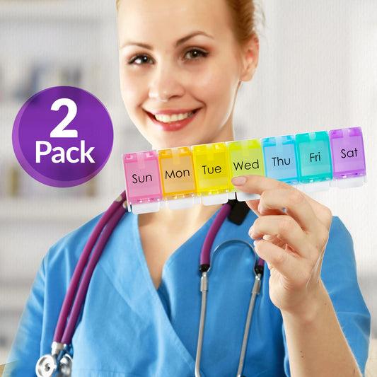 Weekly Pill Organizer - (Pack of 2) Colorful 7-Day Easy Push Button Assisted Open for Arthritis and Seniors, BPA Free, Daily Travel Pill Box Case Planner for Medication Vitamins Fish Oil Supplements