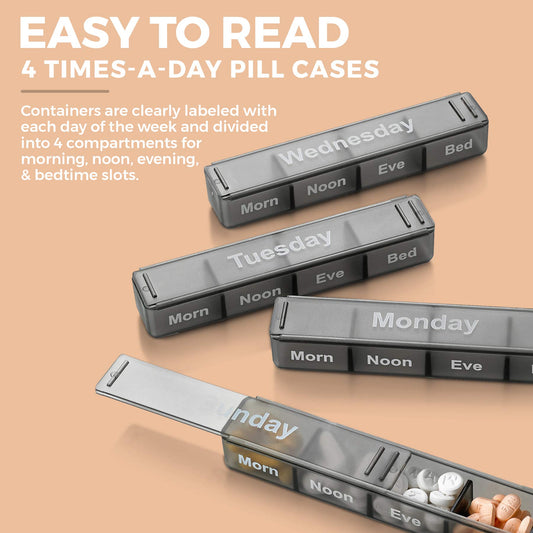 Weekly Pill Organizer - 7-Day Pill Case w/ Removable Daily 4 Times-a-Day Pill Cases - Large AM/PM Medicine Pill Box for Medications Pills Vitamins & Supplements - Easy to Read Labels Monday to Sunday