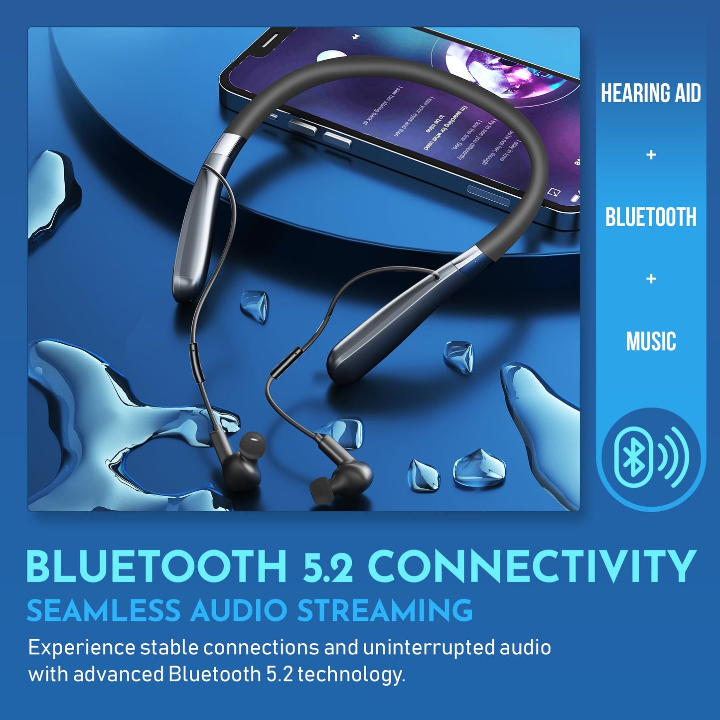 Rechargeable Bluetooth Hearing Amplifier - Wireless Hands-Free Neckband w/ Noise Reduction, Neck Sound Amplifying Device Helps Aid Comfortable Hearing for Listening, Watching TV for Seniors & Adults