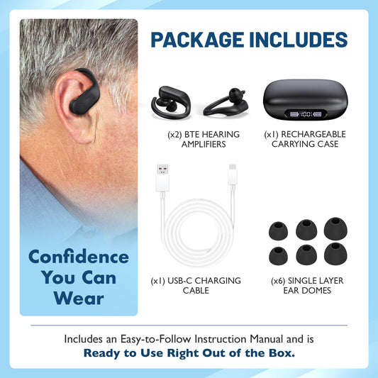 Rechargeable Bluetooth Hearing Aids for Seniors - Easy-to-Use Behind the Ear Sound Amplifier with Automatic Noise Cancelling - BTE Hearing Loss Aids for Adults Men & Women w/ LED Charging Case
