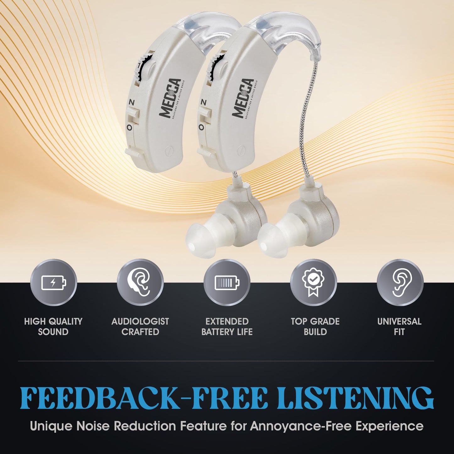 Behind the Ear Sound Amplifier - BTE Hearing Ear Amplification Device and Digital Sound Enhancer PSAD for the Hard of Hearing, Noise Reducing Feature, White