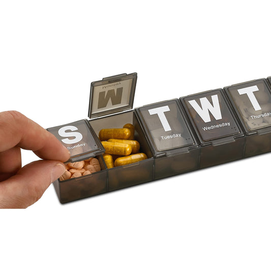 Weekly Pill Organizer - Extra Large with Easy to Read Jumbo Letters Vitamin Container, BPA Free - Daily Travel 7 Day Medication Pill Box Case, (Black)