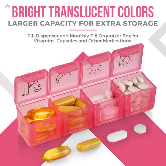 Weekly Pill Organizer - Portable 4 Times-A-Day - Water Moisture-Proof AM/PM Pill Case, Colorful 7 Day Medicine Holder Pill Box with Labels for Prescriptions, Medications, Vitamins, and Supplements