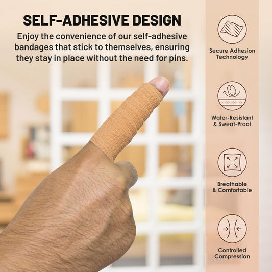 Self Adherent Cohesive Tape - (Pack of 12)1” 2" 3" x 5 Yards, (Light Tan) Self Adhesive Bandage Rolls & Sports Athletic Wrap for Ankle, Wrist, Sprains