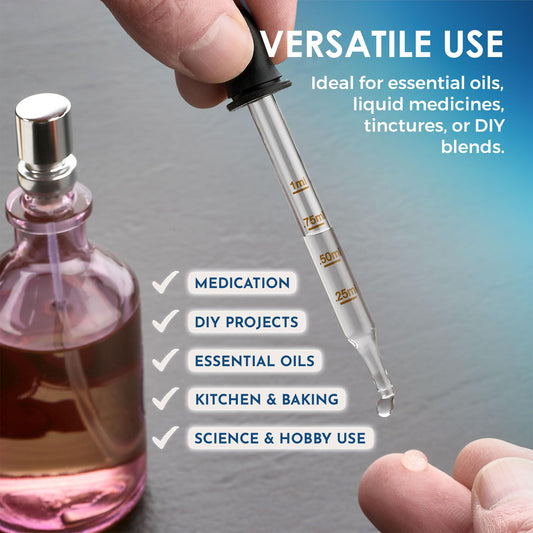 Eye Dropper - (Pack of 4) Bent & Straight Tip Calibrated Glass Medicine Droppers for Essential Oils | Pipette Dropper for Accurate Easy Dose and Measurement (1 mL Capacity)