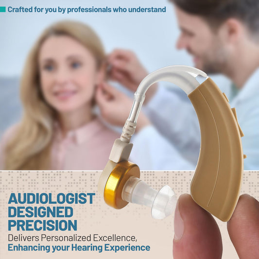 Digital Hearing Amplifier Set - BTE Personal Sound Amplifiers - Rechargeable Receiver in Canal Hearing Assist Device Pair w/ 4 Modes, Noise Cancellation and Volume Control Hearing for Adults Seniors
