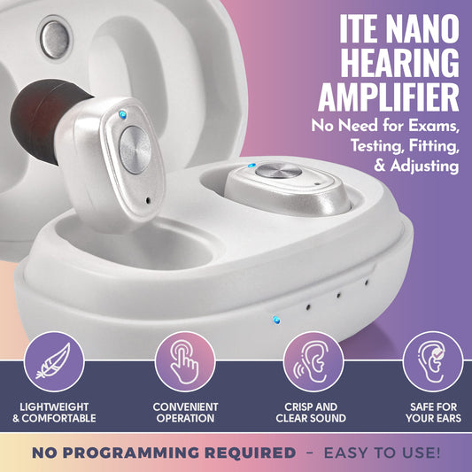 Rechargeable Hearing Amplifier Pair w/ Noise Cancelling, Digital Sound Device for Seniors & Adults - ITC Nano Personal Amplifier - One Touch Control & Low Sound Distortion Hearing Assist Device, White