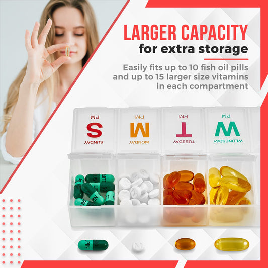 Extra Large Pill Organizer - Pill Box 7 Day Weekly Pill Organizer 2 Times a Day and AM PM Daily Pill Organizer Case for Medication Pills and Supplements with Braille and Bright XL Easy to Read Colors