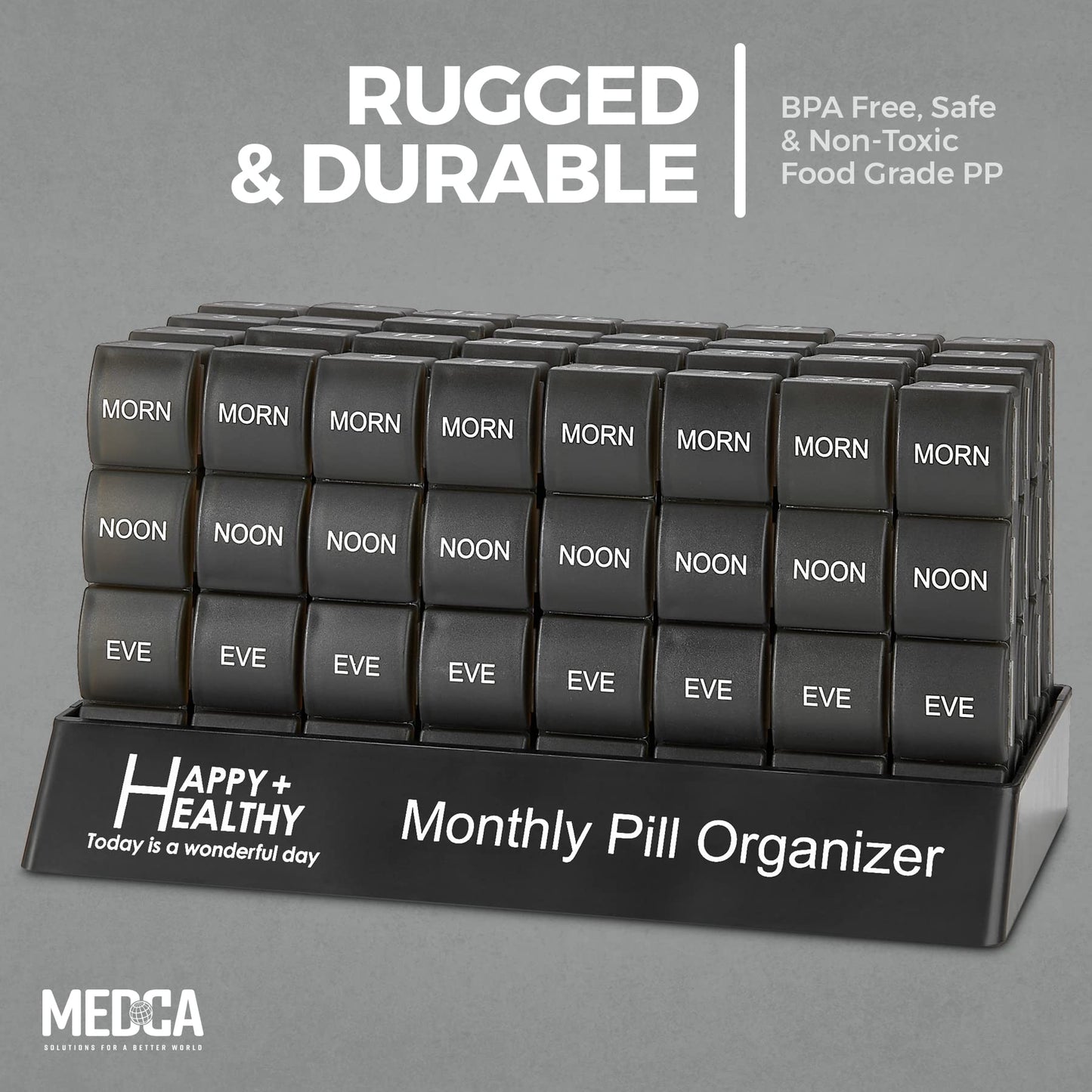 Month Pill Box Organizer - 4 Times-a-Day Morning-Noon-Evening-Night - Large 32 Daily Pill Cases with Compartments for Vitamins, Supplements, Medication -Travel Monthly Pill Organizer, Black