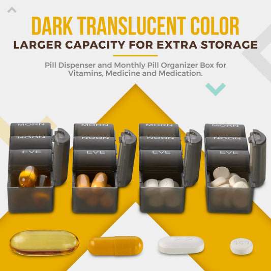 Month Pill Box Organizer - 4 Times-a-Day Morning-Noon-Evening-Night - Large 32 Daily Pill Cases with Compartments for Vitamins, Supplements, Medication -Travel Monthly Pill Organizer, Black