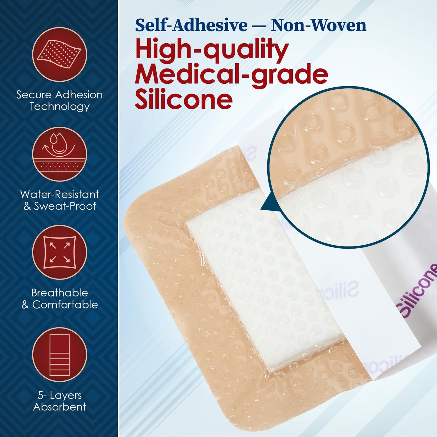 MEDca Silicone Foam Dressing w/ Adhesive Border 3"x3" (Pack of 10) Waterproof Silicone Bandages for Wounds, Highly-Absorbent Wound Dressing Bandage Care for Bed Sore Bandages, Pressure Sores, Ulcers