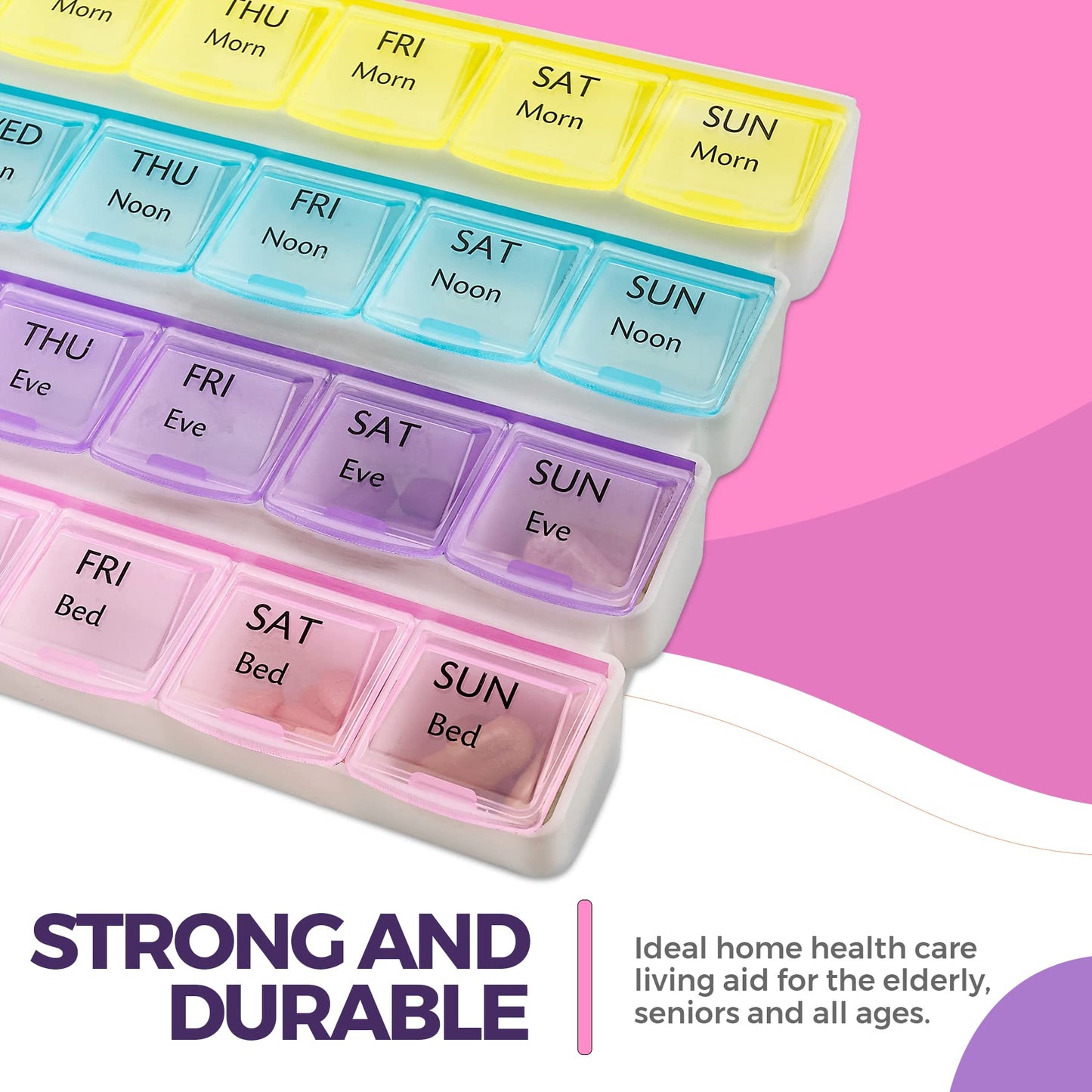 Weekly Pill Organizer - 4-Times-a-Day Pill Planner Pill Box Separates Pills & Vitamins with Daily Morning, Noon, Evening & Night Compartments, Travel Medication Reminder Monday to Sunday