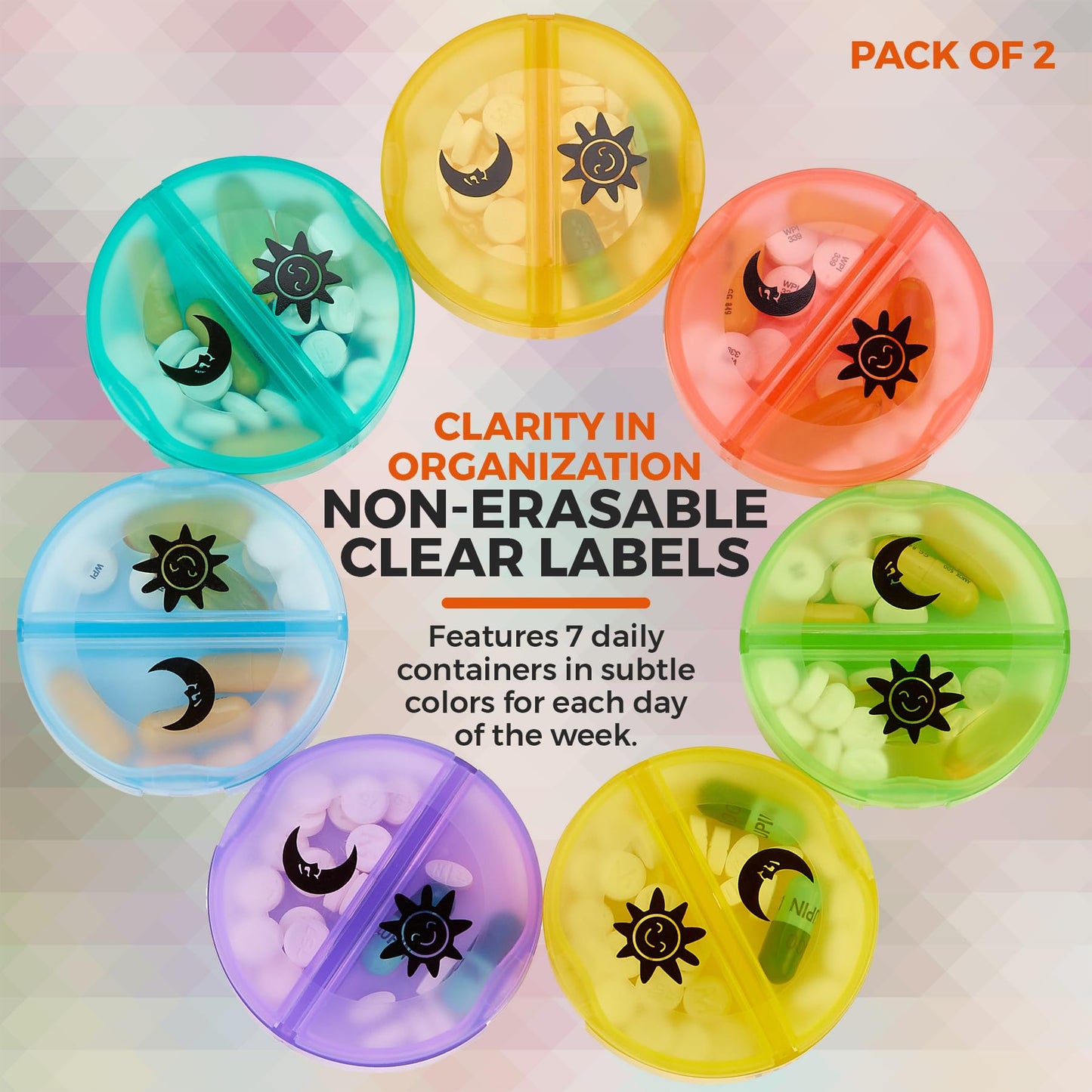 Weekly Pill Organizer - 2 Times-A-Day Compartments - 7 Day AM/PM Pill Container - Portable, Durable and Convenient Travel Pills Case for Tablets, Fish Oils, Vitamins and Supplements, Rainbow, 2 Pack