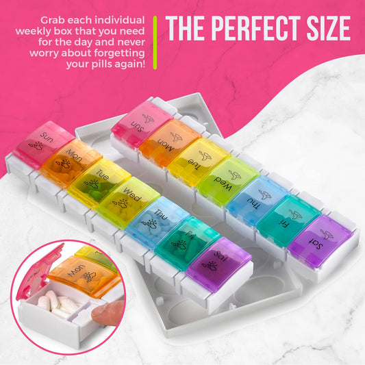 7 Day AM PM Pill Organizer – With Push Button Assisted Open A Daily Travel Pill Box Case Planner And Large Compartments For Medication Vitamins Fish Oil & Supplements, BPA Free – By MEDca