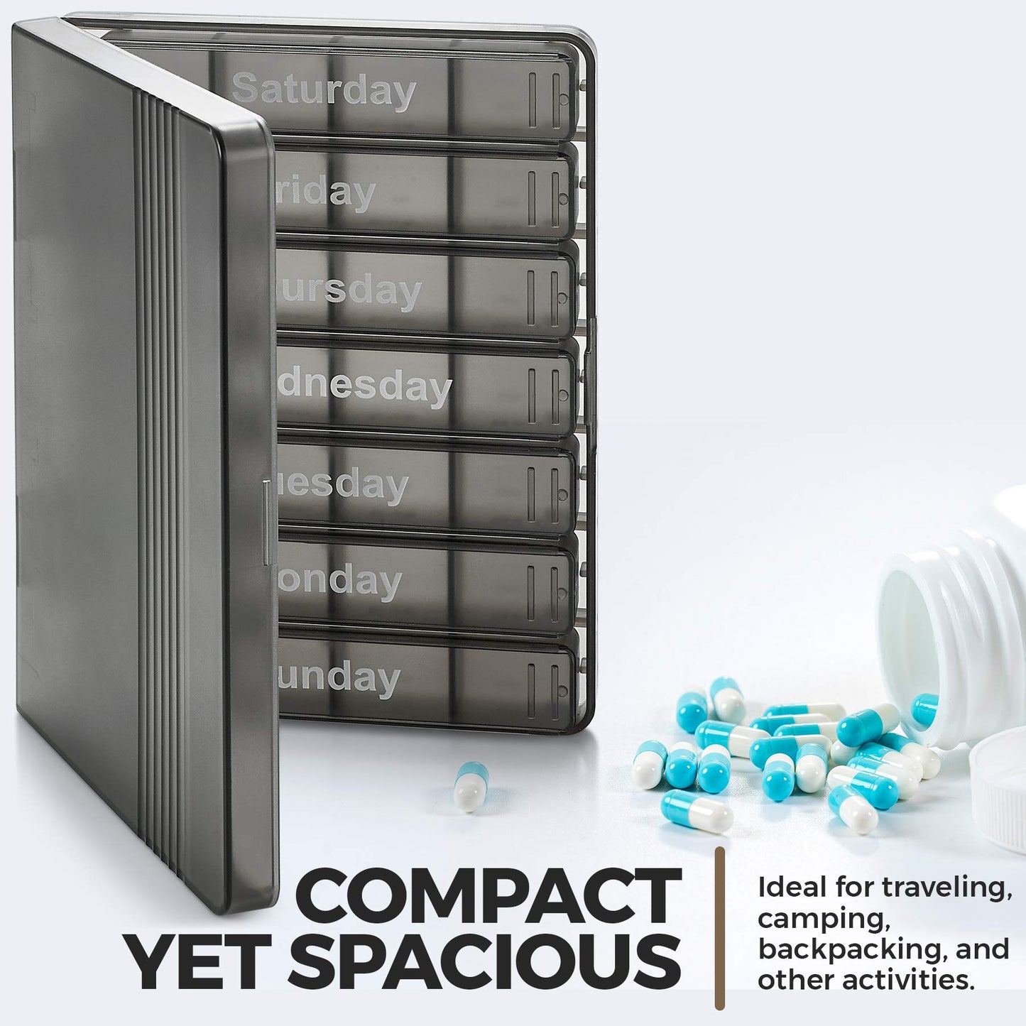 Weekly Pill Organizer - 7-Day Pill Case w/ Removable Daily 4 Times-a-Day Pill Cases - Large AM/PM Medicine Pill Box for Medications Pills Vitamins & Supplements - Easy to Read Labels Monday to Sunday