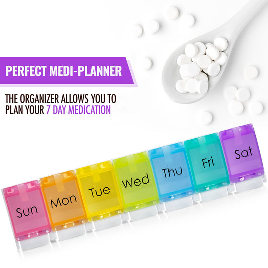 7 Day Pill Organizer - with Push Button Assisted Open a Daily Travel Pill Box Case Planner and Large Compartments for Medication Vitamins Fish Oil & Supplements, BPA Free