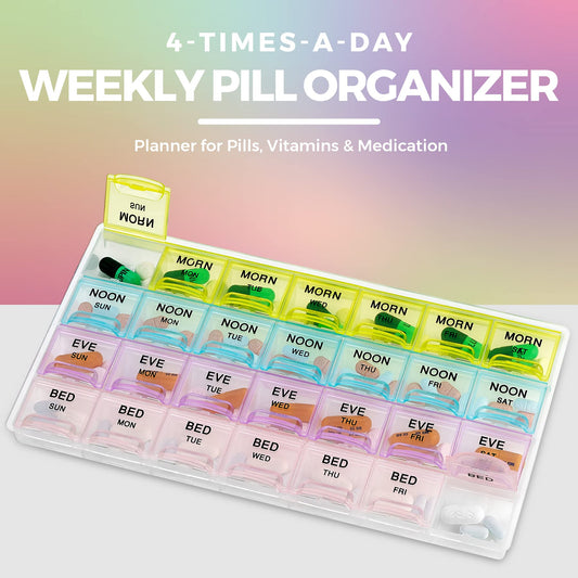 Pill Organizer - Large Pill Organizer with Weekly and Daily 4-Times-A-Day Compartments for Morning, Noon, Evening, Night - BPA-Free, Portable and Travel Friendly Pill Boxes Case