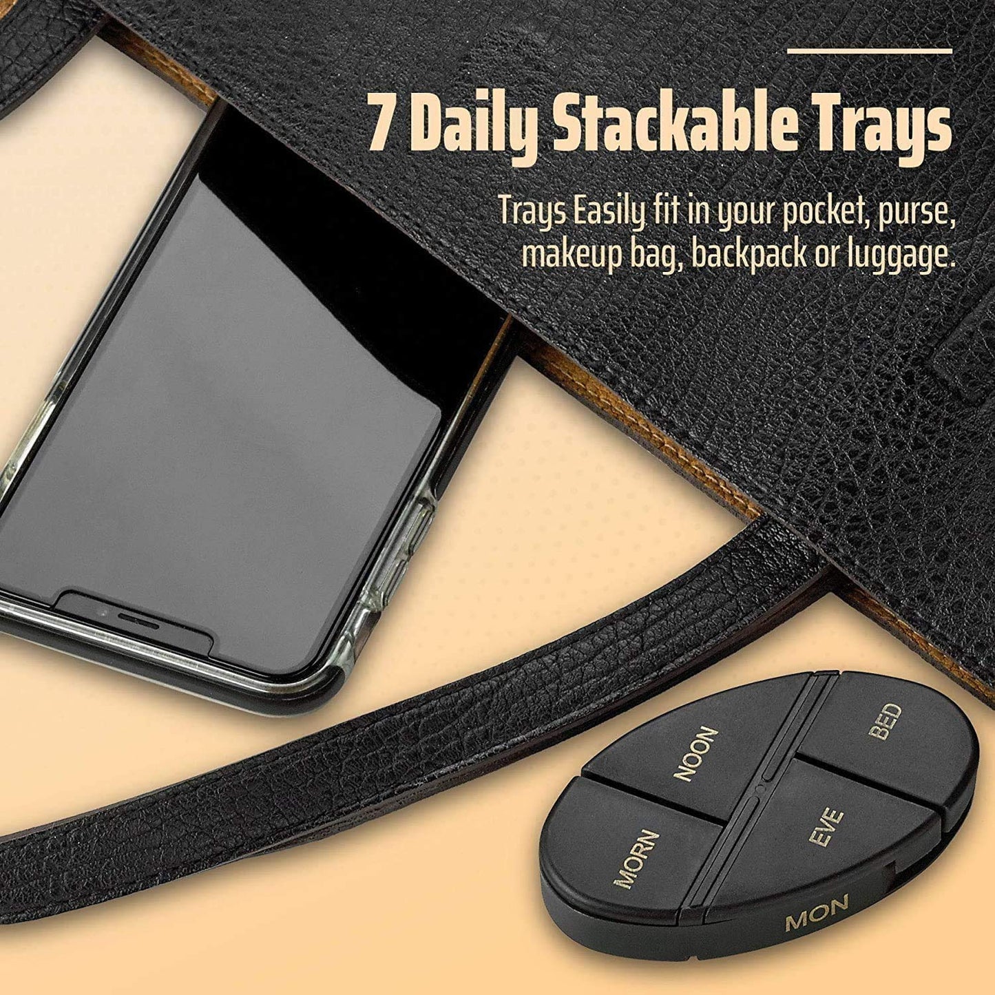 Weekly Pill Organizer - 2Pack - 4 Times-A-Day, Daily Stackable Medication Reminder - Weekly AM/PM Pill Box with 7 Individual Stacking Cases, a Everyday Medicine Organizer for Vitamins, Black & Gold