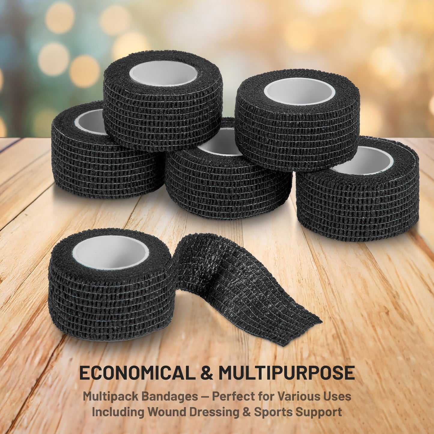 Self-Adherent Cohesive Bandage - (12 Count) - 1" Wide x 5 Yard Rolls - Athletic Sports Tape for Medical Use, Sports, First Aid and Helps Protect Skin, Black