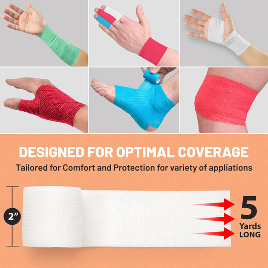 6 Pack, Self Adherent Cohesive Tape - 2” x 5 Yards, Self Adhesive Bandage Rolls & Sports Athletic Wrap for Ankle, Wrist, Knee Sprains and Swelling, Vet Wraps in Assorted Neon Colors