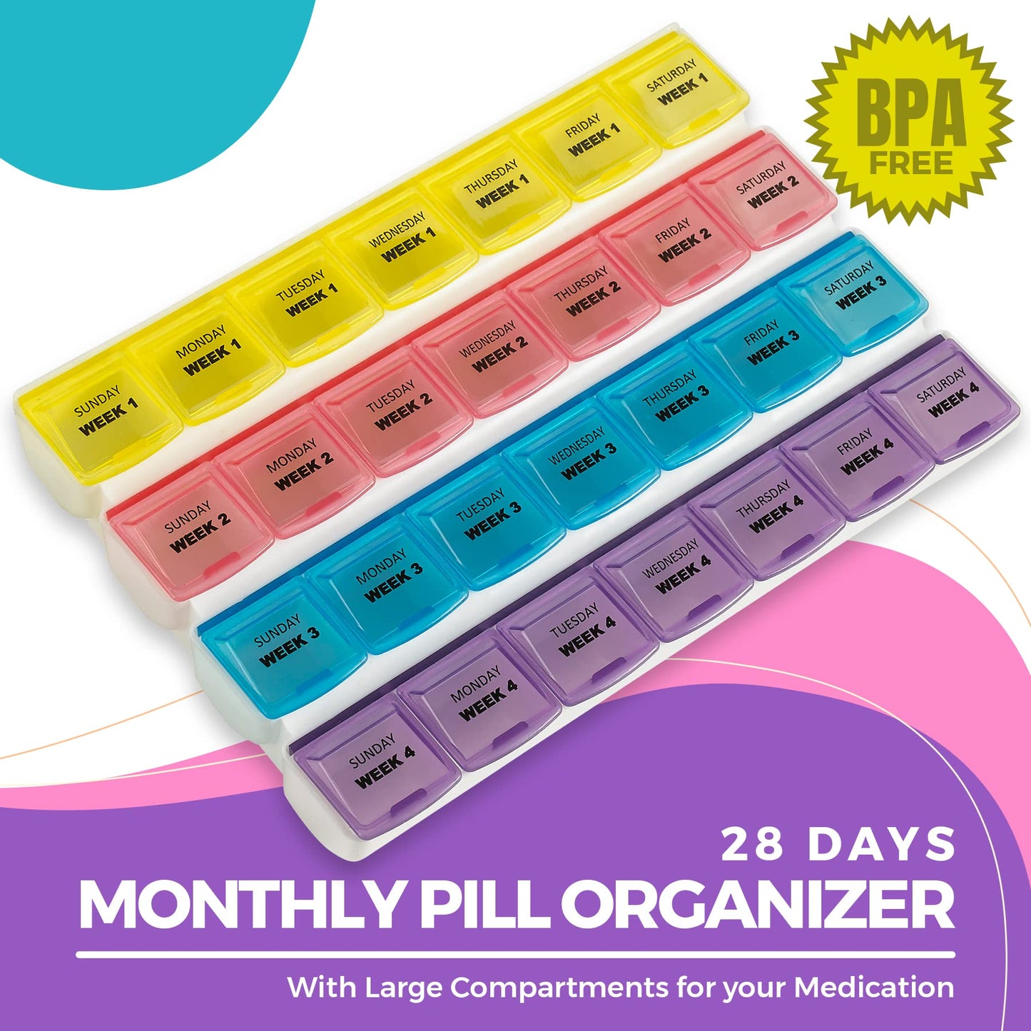 Monthly Pill Organizers - (Pack of 2) 28 Day Monthly Pill Planners to Separate Pills & Vitamins Week to Week, Travel Medication Reminder Daily Monday to Sunday Compartments