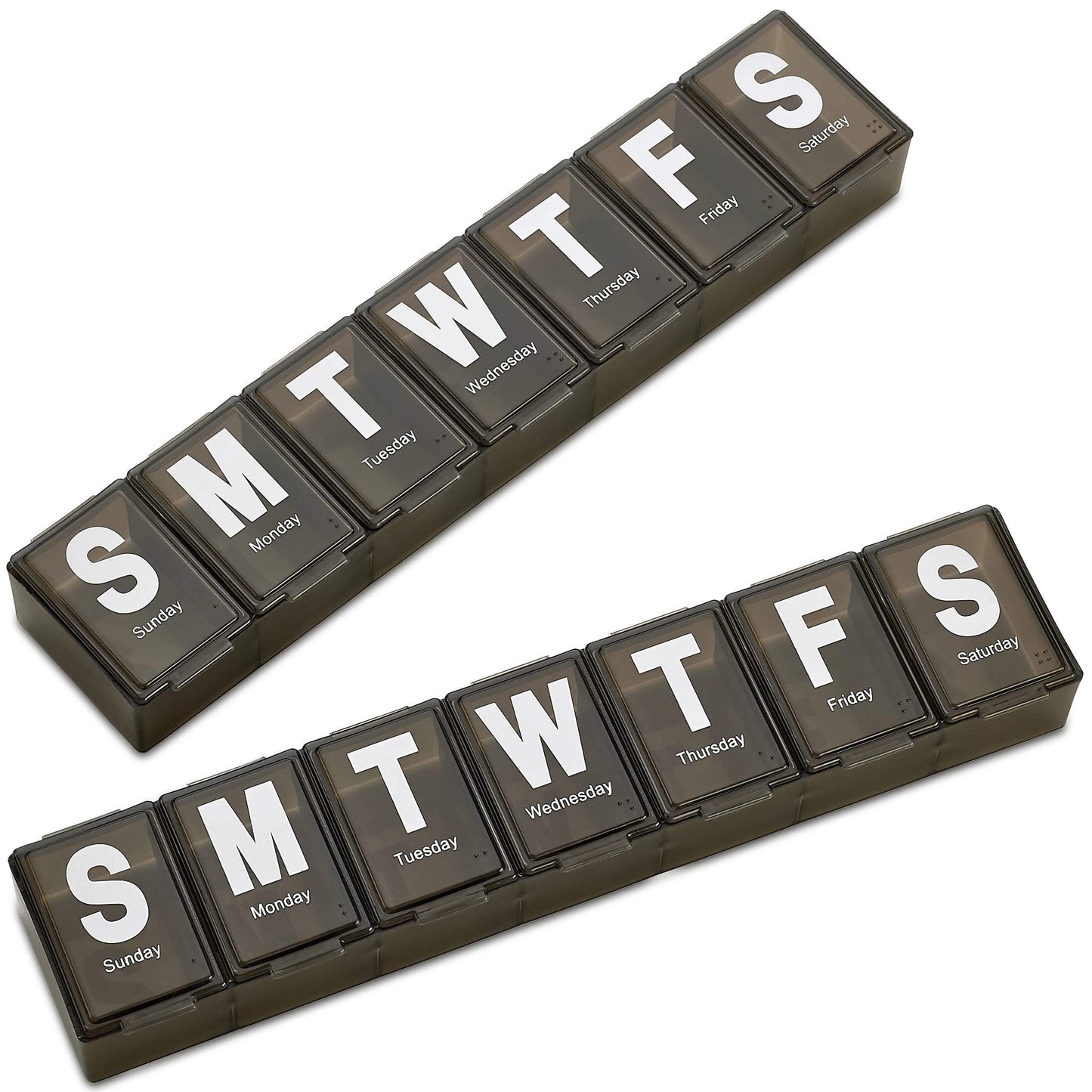 Weekly Pill Organizer - (Pack of 2) Extra Large Vitamin Container with Jumbo Easy to Read Letters, BPA Free - Daily Travel 7 Day Medication Pill Box Case, (Black)