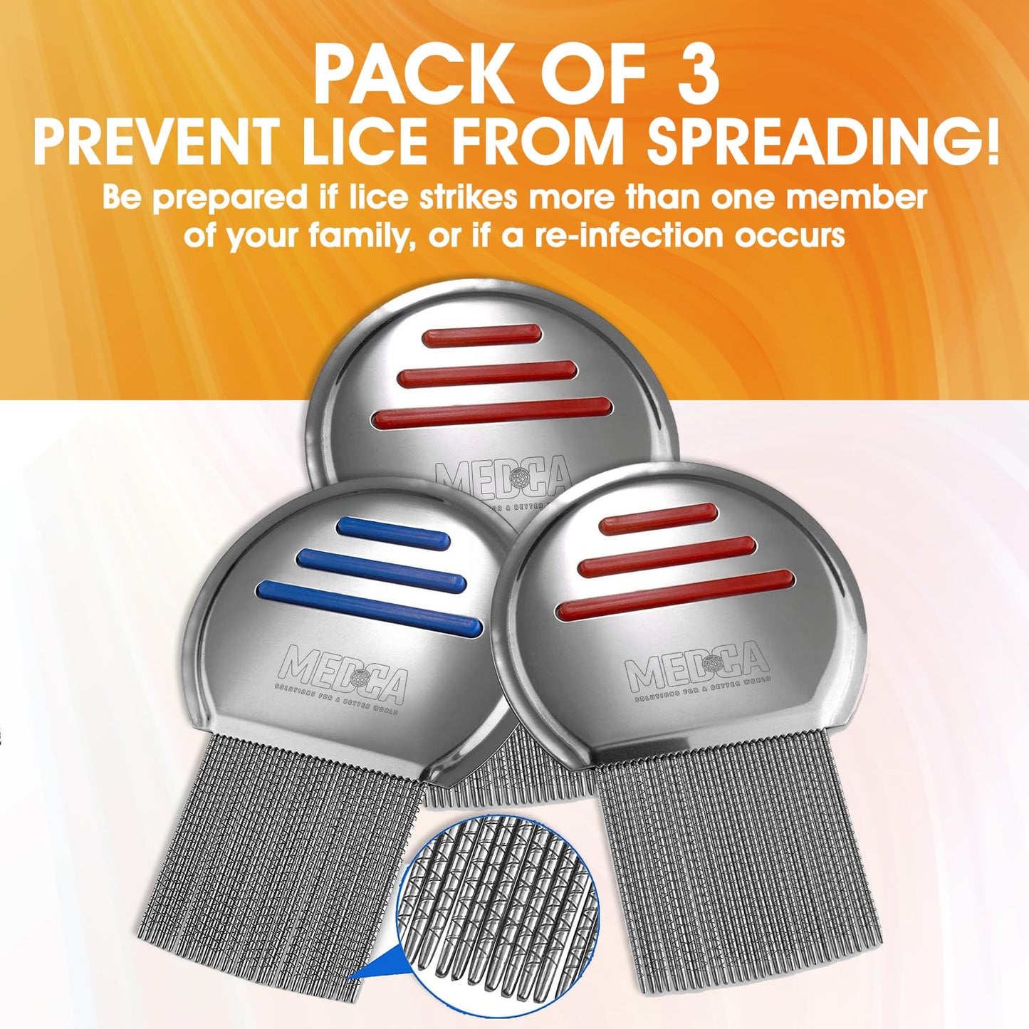 Lice Comb - (Pack of 3) Head Lice Treatment that's Individually Packaged Professional Stainless Steel Louse and Nit Combs Removes Eggs with Rounded Tips for Comfort