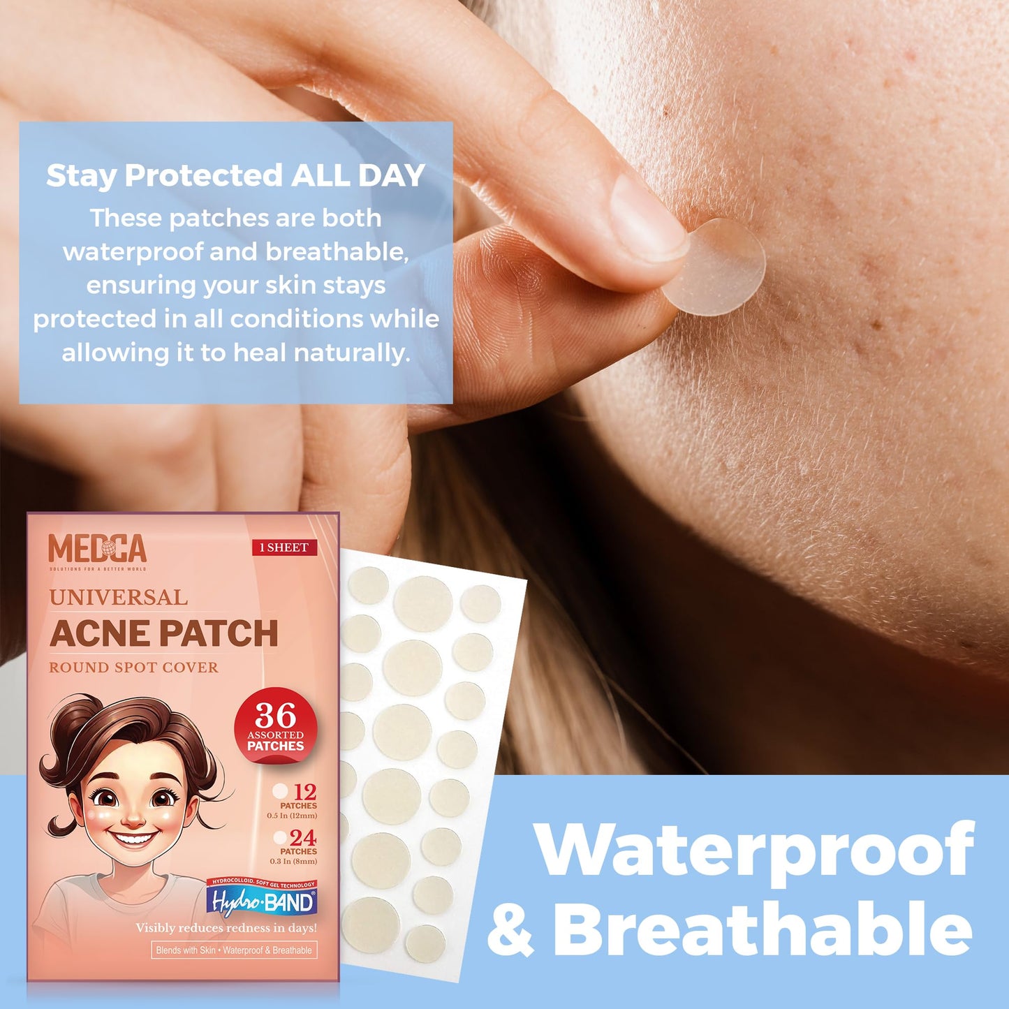 MEDca Acne Patches for Face - Hydrocolloid Bandages (36 Count) Pimple Patches for Face in 2 Universal Sizes, Acne Spot Treatment Care for Face & Skin Spot Patch Conceals Zits, Acne and Blackheads
