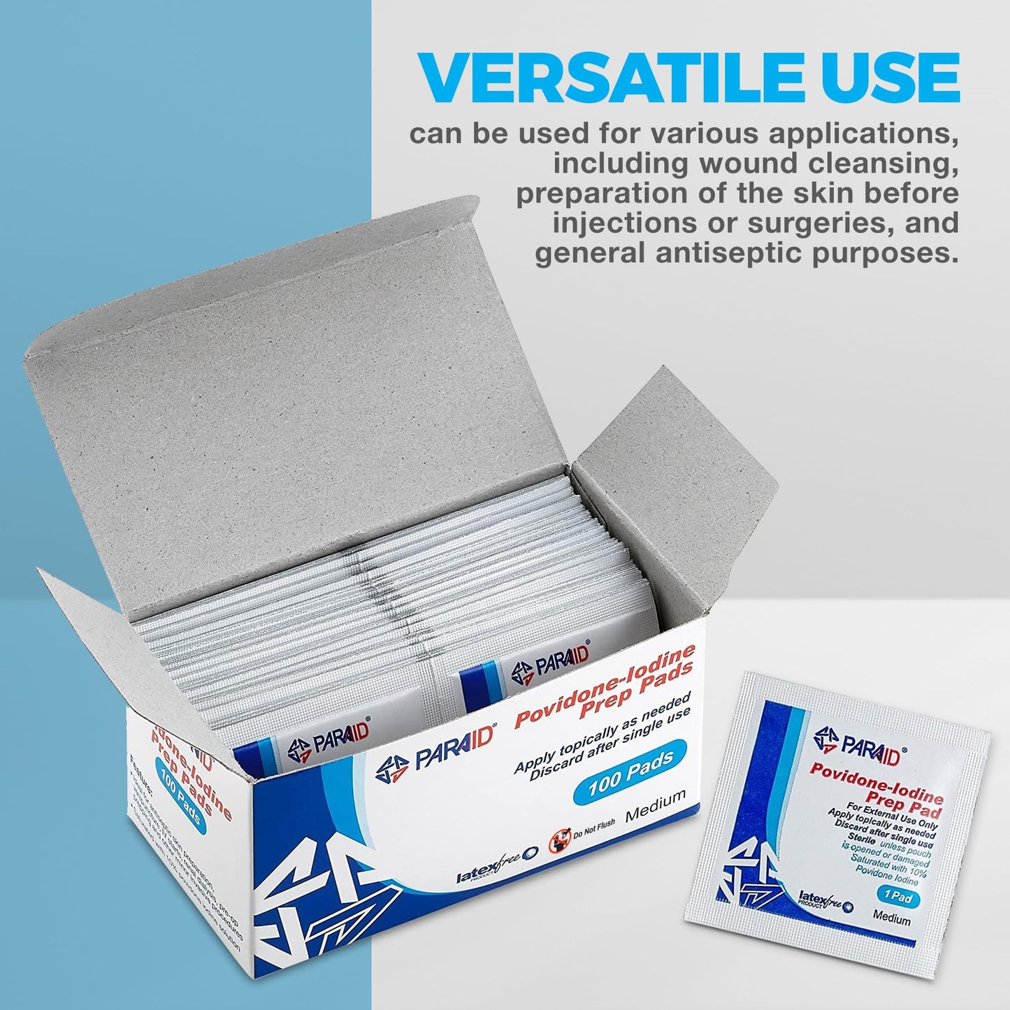(Box of 100 Count) Prep Solution Pads, 10% Swabs for Individual Disinfecting Wipes, Disposable Cotton Antiseptic Surgical Pad for Wound Care, and First Aid (Packing May Vary)