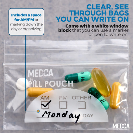 Pill Pouch Bags - (Pack of 100) 4'' x 2.75" - 3 Mil BPA-Free, Poly Bag Disposable Zipper Pills Baggies, Daily AM PM Travel Medicine Organizer Storage Pouches, Best Clear Reusable with Write-on Labels