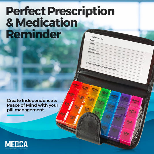 Weekly Travel Pill Organizer - Prescription and Medication Wallet Pill Box Reminder, a Extra Large Pill Container Dispenser Case, Caddy Organizer, for 4 Times A Day, 7 Days a Week, 7.5 x 4.5 Inches