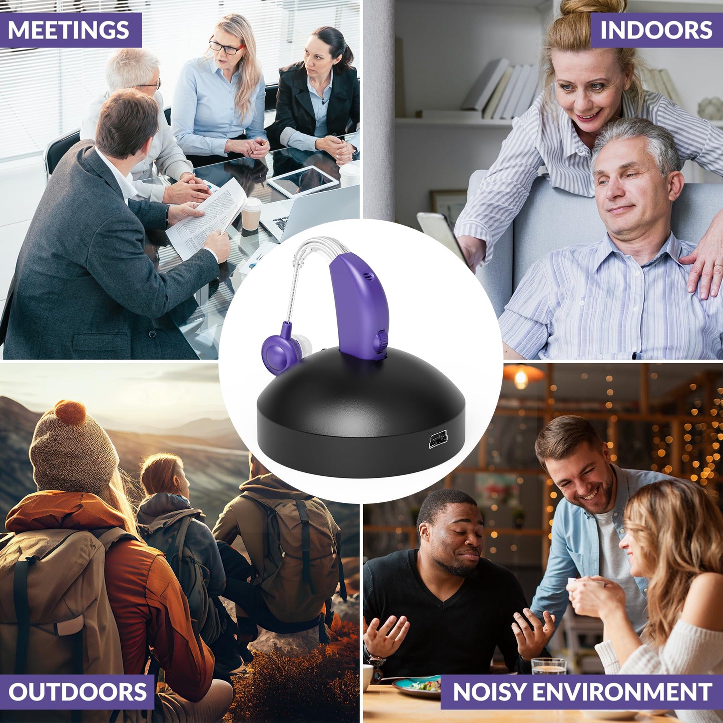 Digital Hearing Aid Amplifier Set - Rechargeable Behind the Ear Personal Sound Amplification Device - for Adults and Seniors with All-Day Battery Life, (Single Unit, Purple)