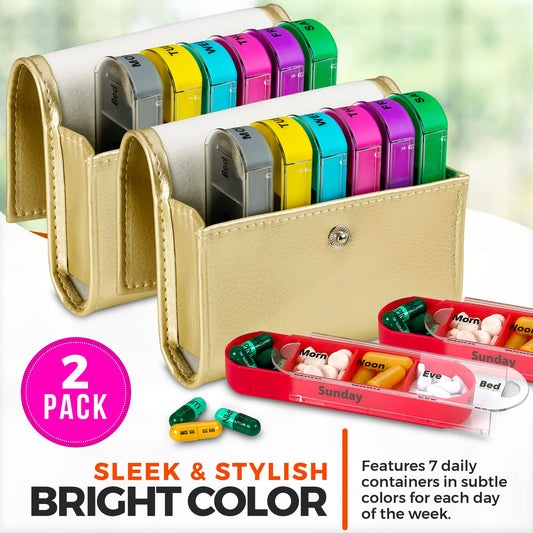Weekly Travel Pill Organizer - (Pack of 2) Medication Wallet Pill Box Reminders, Pill Container Dispenser Case, Vitamin Caddy Organizer, for 4 Times A Day, 7 Days a Week