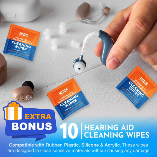 Hearing Aid Cleaning Kit - 20 Piece Tool Set with Case, 10 Hearing Aid Cleaner Wipes, and Magnifying Glass for Hearing Aids, Earbuds, Headphones, Ear Molds, Amplifiers & Small Electronics