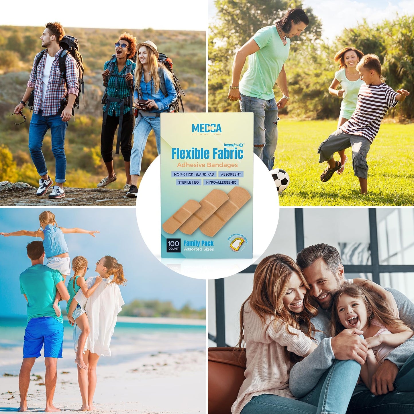 Flexible Fabric Adhesive Bandages for Comfortable Flexible Large Protection & Wound Care of Minor Cuts, Scrapes, & Wounds, Assorted Sizes (2-1/4"x5/8", 3"x3/4", 3"x1") - 100 Count Box