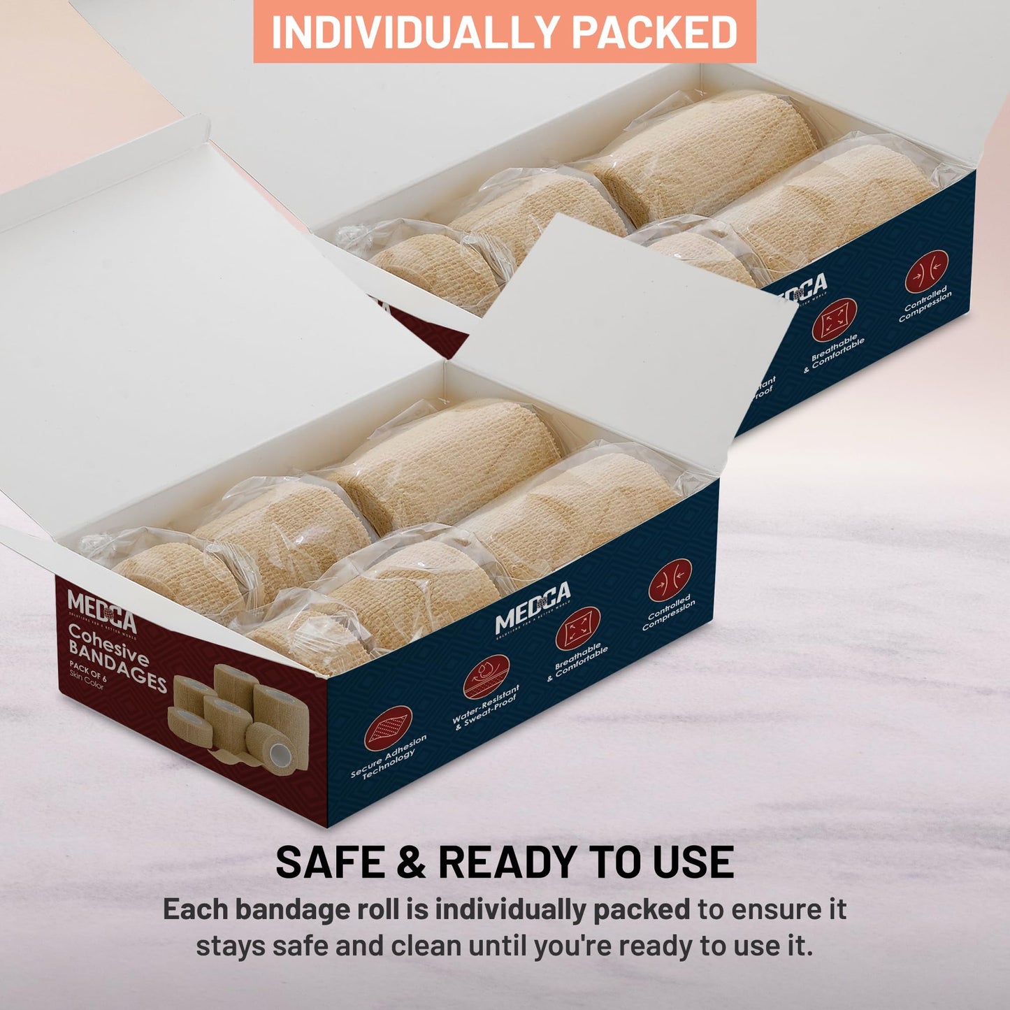 Self Adherent Cohesive Tape - (Pack of 12)1” 2" 3" x 5 Yards, (Light Tan) Self Adhesive Bandage Rolls & Sports Athletic Wrap for Ankle, Wrist, Sprains