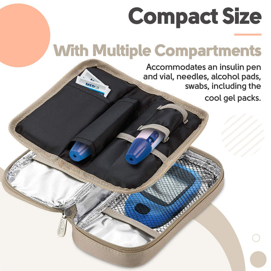 Insulin Cooler Travel Case - Insulated Portable Diabetic Pouch with 2 Gel Ice Packs - Reusable Lightweight & Durable Organizer Bag Cooler for Medications Diabetes Pen, and Supplies, (Black & Tan)