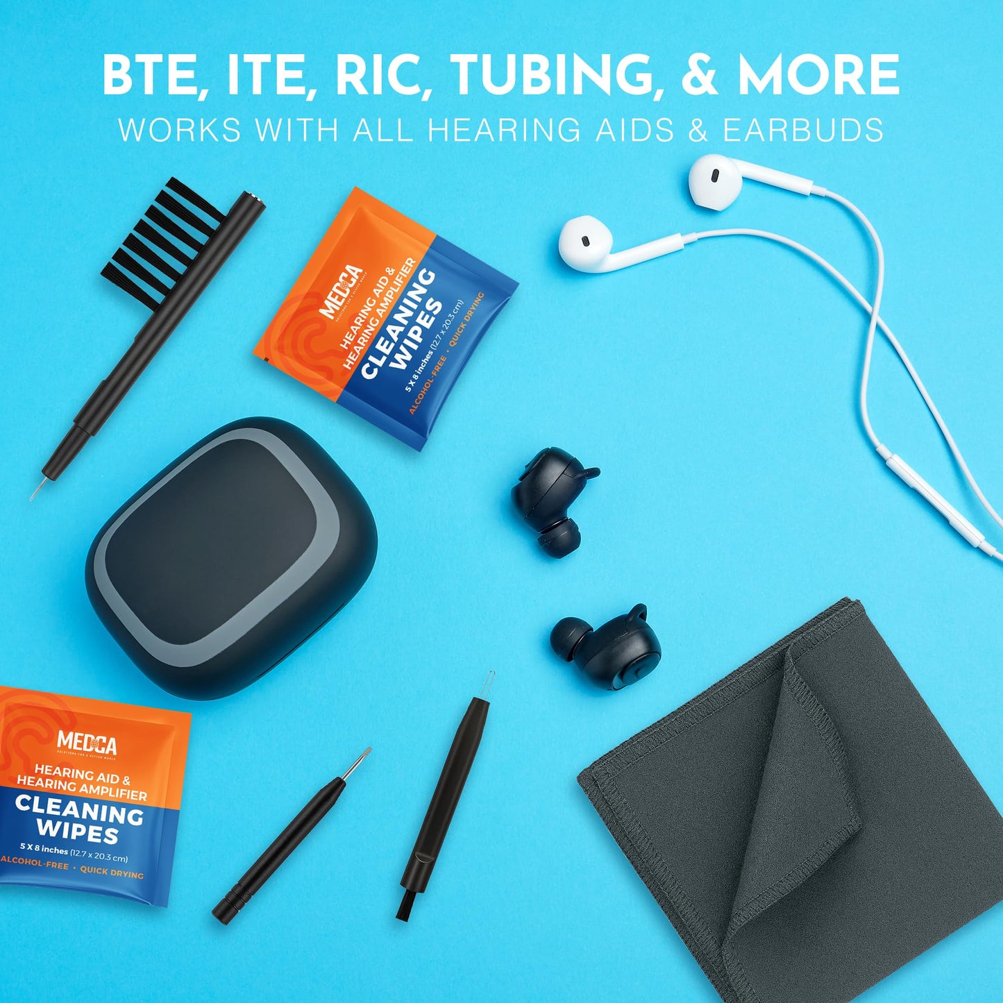 Hearing Aid Cleaning Kit - 20 Piece Tool Set with Case, 10 Hearing Aid Cleaner Wipes, and Magnifying Glass for Hearing Aids, Earbuds, Headphones, Ear Molds, Amplifiers & Small Electronics