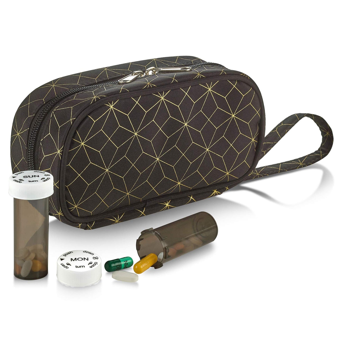 Pill Bottle Organizer Case - Modular Travel Medicine Carrier Tote Bag for Weekly Pill Bottles with 3 Extra Daily Bottles, Durable Tear-Resistant Medication Reminder for Vitamins and Supplements