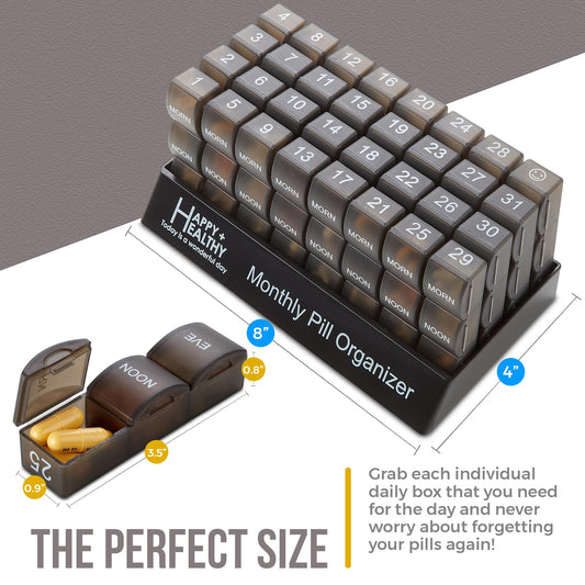 Month Pill Box Organizer - 32 Compartments | Morning-Noon-Night - 30 Day Pill Case with 32 Daily Compartments for Vitamins, Supplements, Medication - Travel Monthly Pill Organizer 3 Times-a-Day, Black