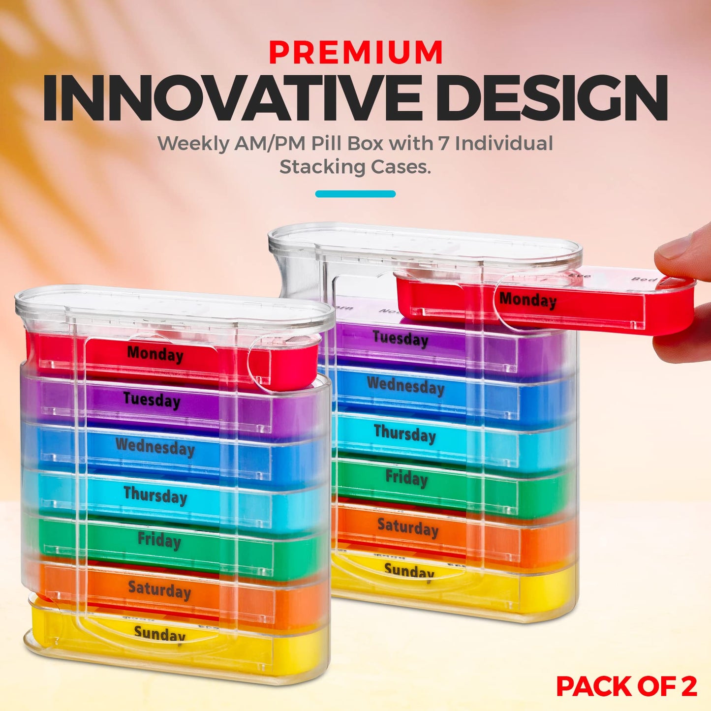 MEDca Weekly Pill Organizer, Four Times-a-Day, Pack of 2 Dispensers with Stackable AM/PM Compartments