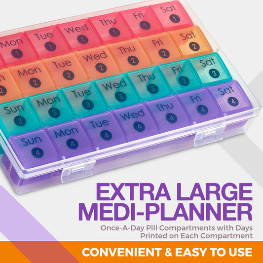 Extra Large Monthly Pill Organizer - 7-Day Color Once-A-Day Pill Dispenser w/ 4 Weekly Pill Containers for 28 Days - BPA-Free Dust-Proof Case XL Medicine Organizer Box for Pills, Tablets, Supplements