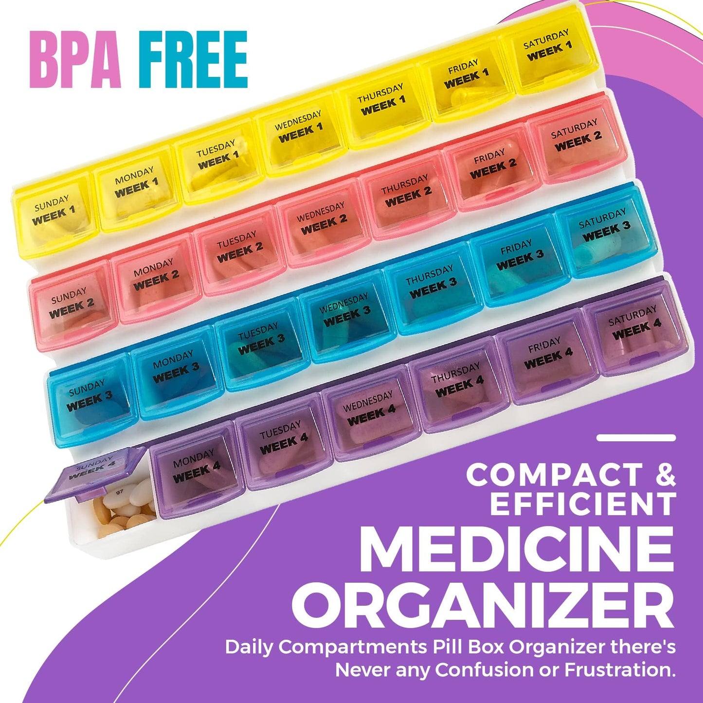 Monthly Pill Organizer - 28 Day Monthly Pill Planner to Separate Pills & Vitamins Week to Week, Travel Medication Reminder Daily Monday to Sunday Compartments
