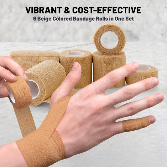6 Pack, Self Adherent Cohesive Tape - 1” 2" 3" x 5 Yards Combo Pack, (Light Tan Shade) Self Adhesive Bandage Rolls & Sports Athletic Wrap for Ankle, Wrist, Sprains